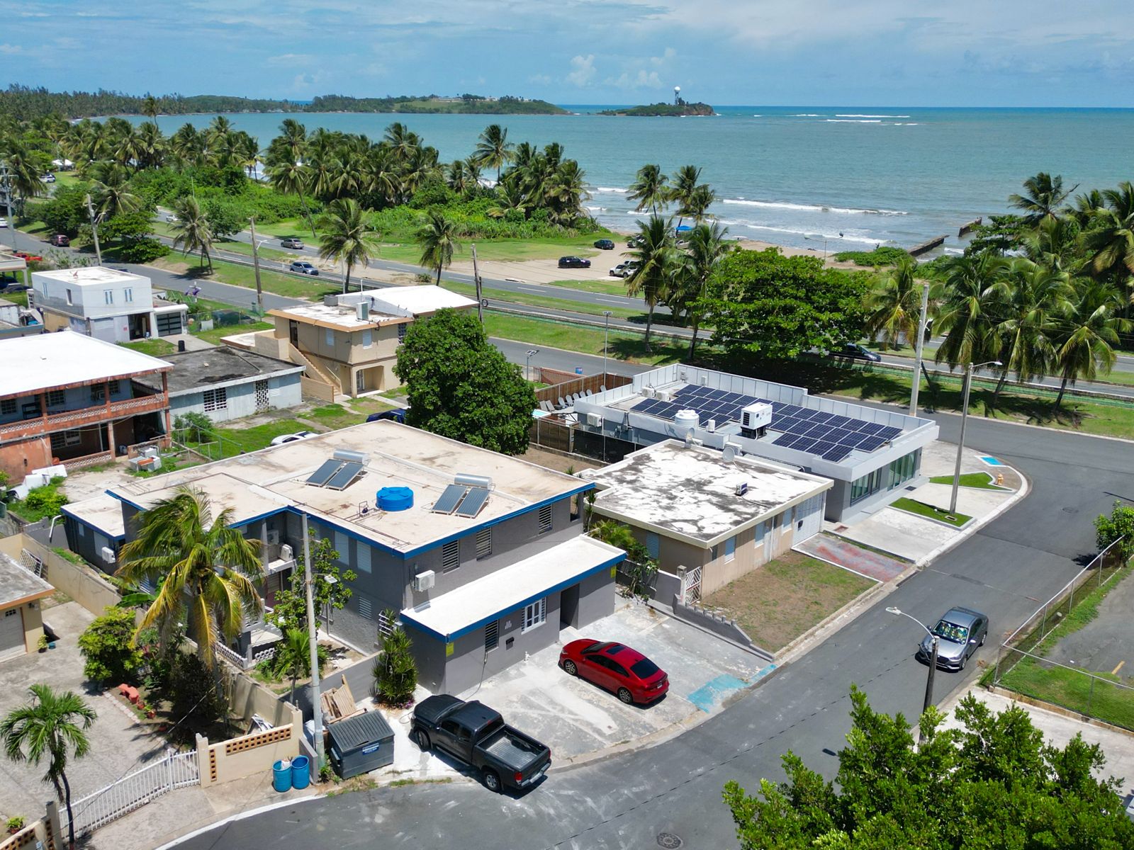 Aerial view of Casa Damisela across from the beach